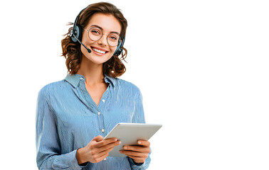 handsome, smiling female customer service agent wearing a headset and holding a tablet