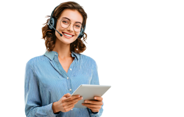 handsome, smiling female customer service agent wearing a headset and holding a tablet