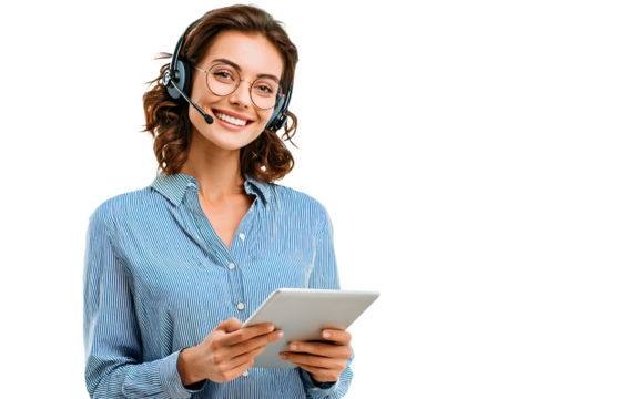 handsome, smiling female customer service agent wearing a headset and holding a tablet - Powered by Adobe