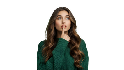 Woman stares ahead with a soft, reflective expression.