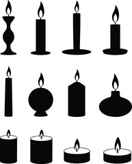 Collection of candle silhouettes with flames, black vector illustration, decorative candle set, burning wax lights, romantic ambiance design, isolated icons for spiritual, holiday, celebration