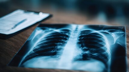 A chest X ray scan and medical report are placed on a wooden desk for examination and diagnosis
