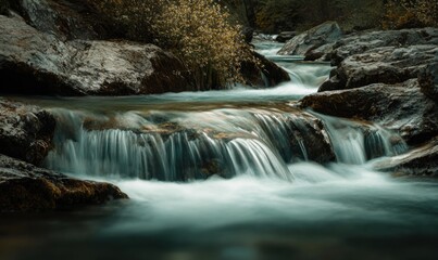 Fototapeta premium Cascading stream over rocks in a serene forest setting