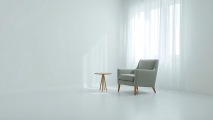 A serene minimalist living space with an armchair and natural light, evoking calmness.