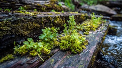 Close-up of vibrant green moss and thriving plants growing on weathered wooden planks next to flowing water in a natural outdoor setting, highlighting textures, freshness, peaceful nature environment