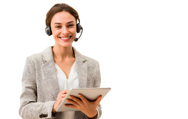 handsome, smiling female customer service agent wearing a headset and holding a tablet