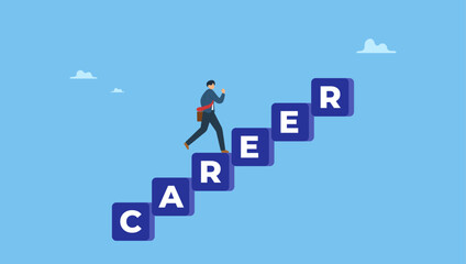 Fototapeta premium Confident businessman running fast on career stairway rising up to achieve success. Career development, personal development or job promotion, work experience and responsibility growth.