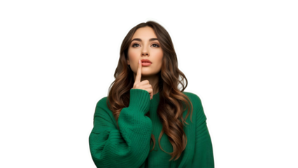 Woman with long hair rests her chin on hand, quietly musing.