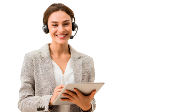 handsome, smiling female customer service agent wearing a headset and holding a tablet