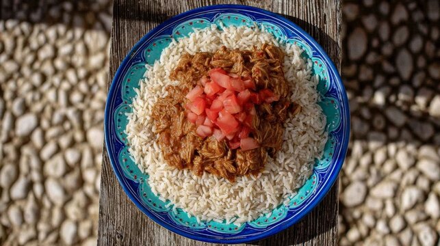 Delicious Haitian diri ak pwa rice and beans with flavorful meat stew served on a colorful plate