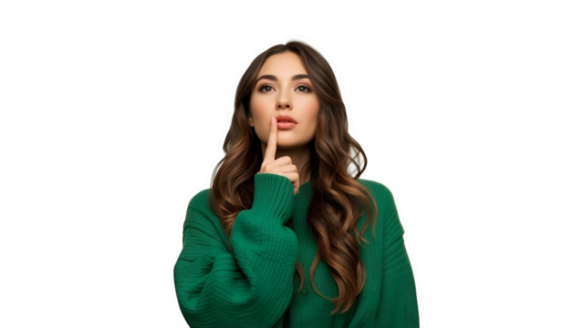 Woman with long hair rests her chin on hand, quietly musing.