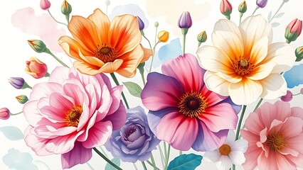 Vibrant watercolor flowers in an artistic composition with soft diffused lighting.