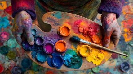 Obraz premium Artist's hands holding a vibrant paint palette with brush, colorful oil paints, creative expression.