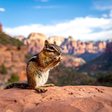 Chipmunk eating on a rocky outcrop