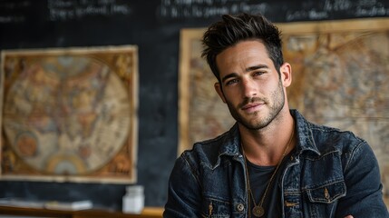 Fototapeta premium Handsome young man confidently poses with arms crossed in front of vintage maps inside stylish apartment.