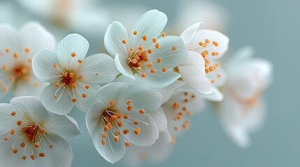 Delicate White Wildflowers with Orange Stamens Against a Soft Blue Background in Cinematic HDR Botanical Macro Shot