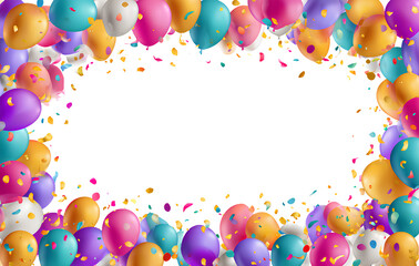  happy birthday background with colorful balloons and confetti isolated on a transparent white background,.png