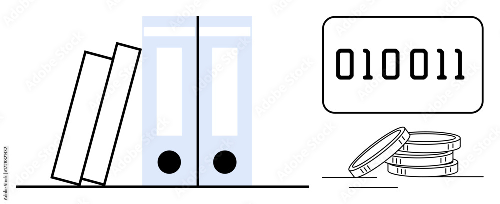 Poster books and folders for documentation, binary code for digital data, and coins. ideal for data storage