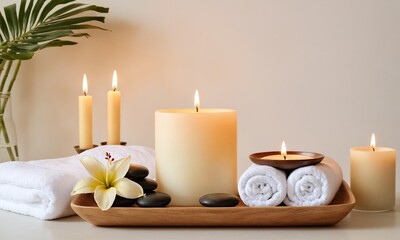Serene spa arrangement with lit candles, fluffy white towels, smooth river stones, and a delicate orchid flower, evoking tranquility and relaxation.