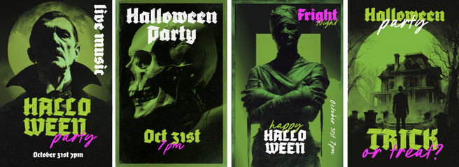 Vintage Halloween horror poster set with Dracula, skull, mummy, and haunted house