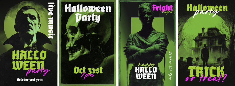 Vintage Halloween horror poster set with Dracula, skull, mummy, and haunted house
