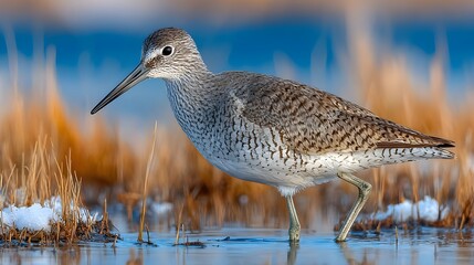 A beautiful willet bird stands gracefully in the shallow water with natural habitat in the background.