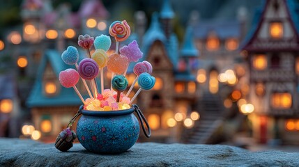 Magical Halloween candy bucket with glowing lollipops