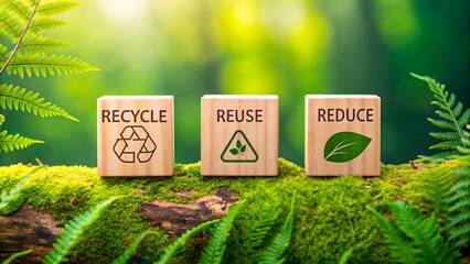 Wooden eco blocks with recycle reuse reduce text on green forest background 
