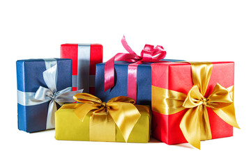 Elegant blue, gold and pink gift boxes with bows isolated on white background.