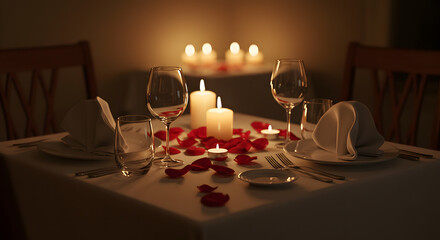 Romantic Candlelight Dinner Setting with Rose Petals