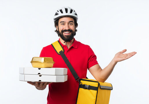 Smiling delivery man with helmet and insulated bag offers fresh pizza and food, ready for quick service and customer satisfaction