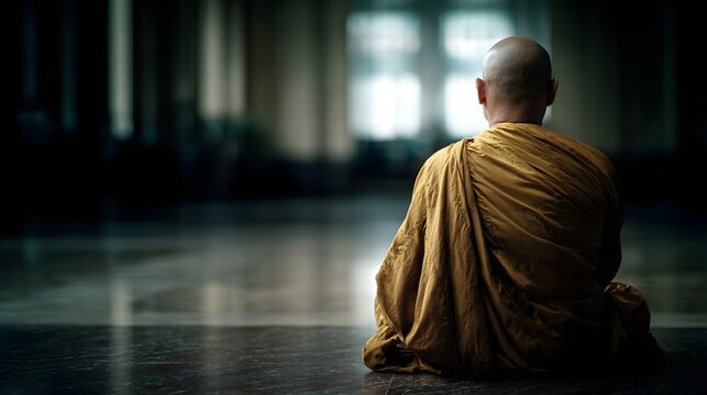 A Buddhist monk meditating in a serene temple hall with soft light