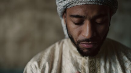 A man in traditional attire and a turban meditates with closed eyes indoors conveying peace and devotion