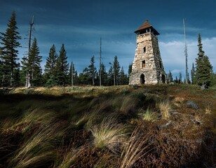 haunting stone tower surrounded by a taiga forest