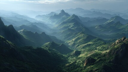 Naklejka premium Lush Green Mountain Range Displaying Atmospheric Perspective and Rugged Terrain