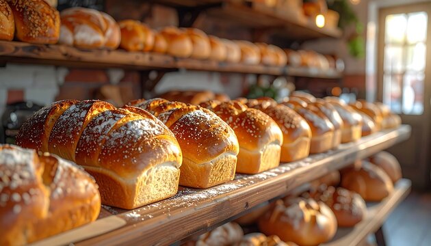 Bakery display with loaves of fresh bread