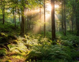 sunlight streams through a lush forest