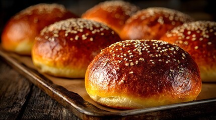 Freshly baked hamburger buns sprinkled with sesame seeds sit on a metal baking sheet after being cooked.
