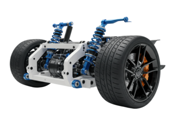 Isolated modern high performance racing car chassis with advanced suspension system wheels tires and disc brakes automotive engineering concept