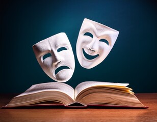 a book icon displays two theatrical masks representing comedy and tragedy