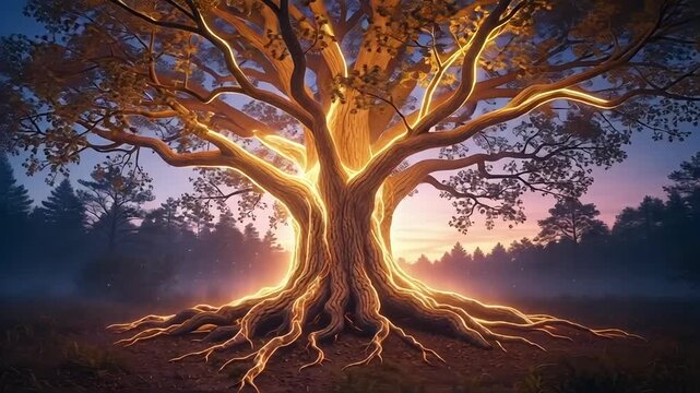 Majestic ancient tree with glowing roots in mystical forest at twilight, conveying power and natural energy