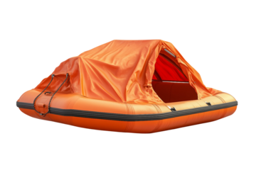 Survival life raft featuring durable protective canopy isolated on transparent background