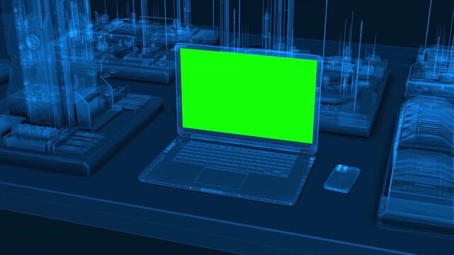 Futuristic Laptop with Green Screen in Digital Cityscape.
