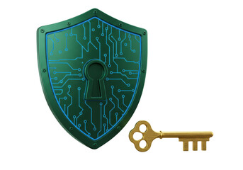 Isolated digital security shield and key, representing access, cryptography and cyber safety