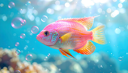 A Pink Tropical Fish: A vibrant pink tropical fish swims gracefully amidst bubbles, coral reefs, and clear blue water, creating an underwater spectacle of color and marine beauty.