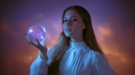 Naklejka premium Head-and-shoulders portrait of young woman holding glowing transparent sphere with soft gradient