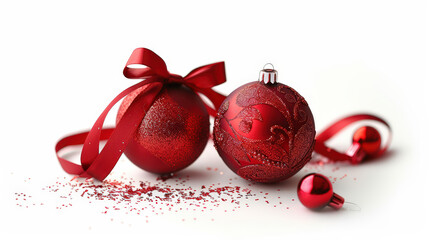 Two red Christmas ornaments decorated with glitter and ribbon, isolated on white background for festive seasonal use or design.
