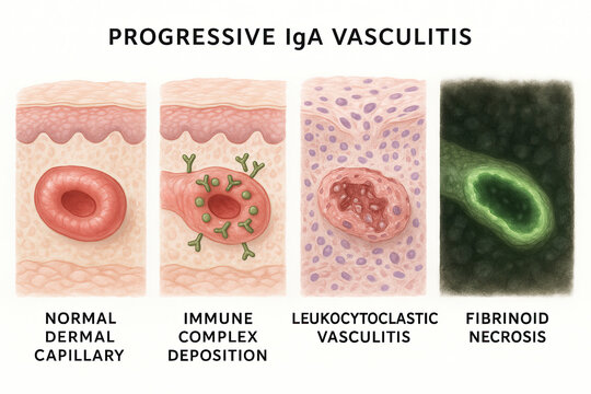 Illustration depicting the progression of IgA vasculitis through four stages: normal dermal capillary, immune complex deposition, leukocytoclastic vasculitis, and fibrinoid necrosis.