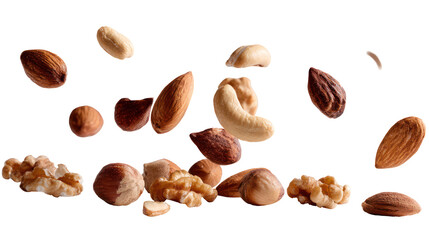 Assortment of nuts and seeds falling isolated on transparent background