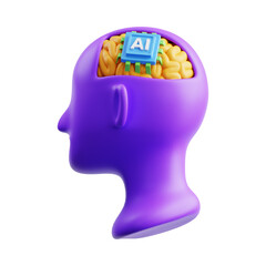 Artificial Intelligence / AI 3D artificial intelligence icon. Human head with brain and AI microchip, symbol of machine learning, neural network, and smart technology